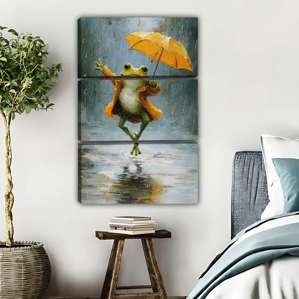 Happy Frog with Yellow Umbrella Art Print - Rainy Day Wall Decor|Liberty Signs #L409