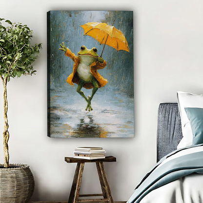 Happy Frog with Yellow Umbrella Art Print - Rainy Day Wall Decor|Liberty Signs #L409