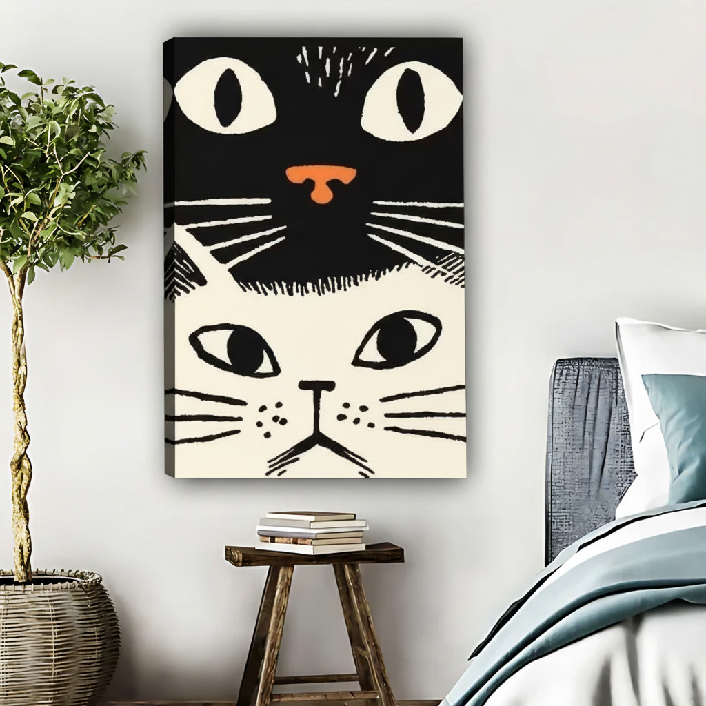 Black and White Cat Art Print - Whimsical Dual Cat Face Wall Decor|Liberty Signs #L433
