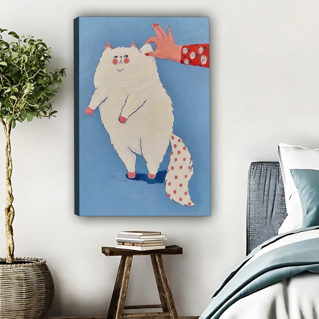 Fluffy White Cat Getting Petted Wall Art - Cute Animal Print|Liberty Signs #L525