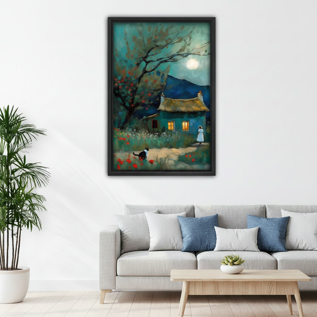 Dreamy moonlit cottage canvas wall art in bedroom, black frame, impressionist teal night oil painting with girl cat and glowing cottage windows, cozy bedroom wall decor