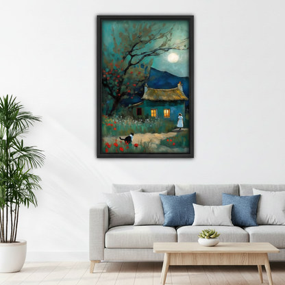 Dreamy moonlit cottage canvas wall art in bedroom, black frame, impressionist teal night oil painting with girl cat and glowing cottage windows, cozy bedroom wall decor