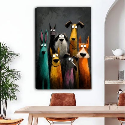 Whimsical dog and animal group portrait framed canvas print for living room
