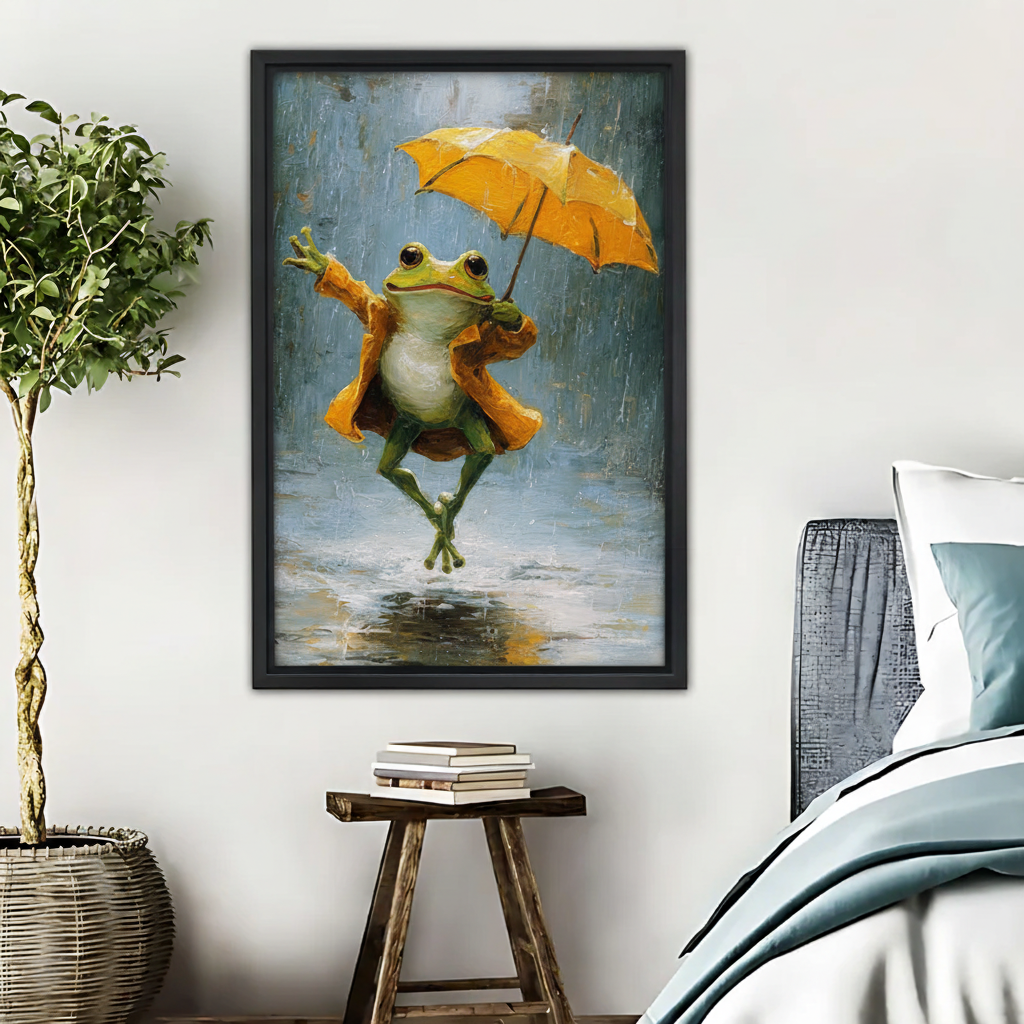 Happy Frog with Yellow Umbrella Art Print - Rainy Day Wall Decor|Liberty Signs #L409