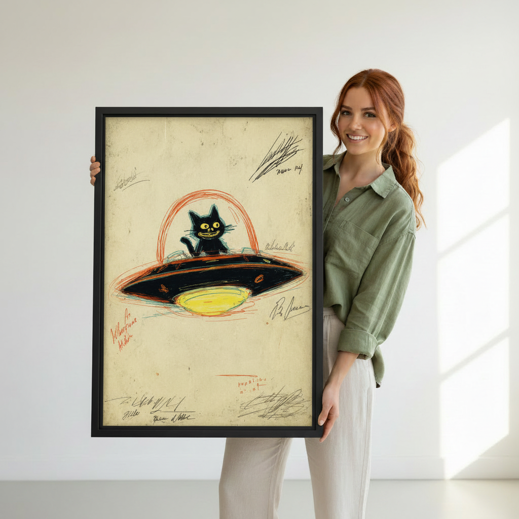 Woman holding large framed black cat UFO art print, funny cat piloting flying saucer in vintage sketch style, premium black frame canvas wall art gift for cat lovers
