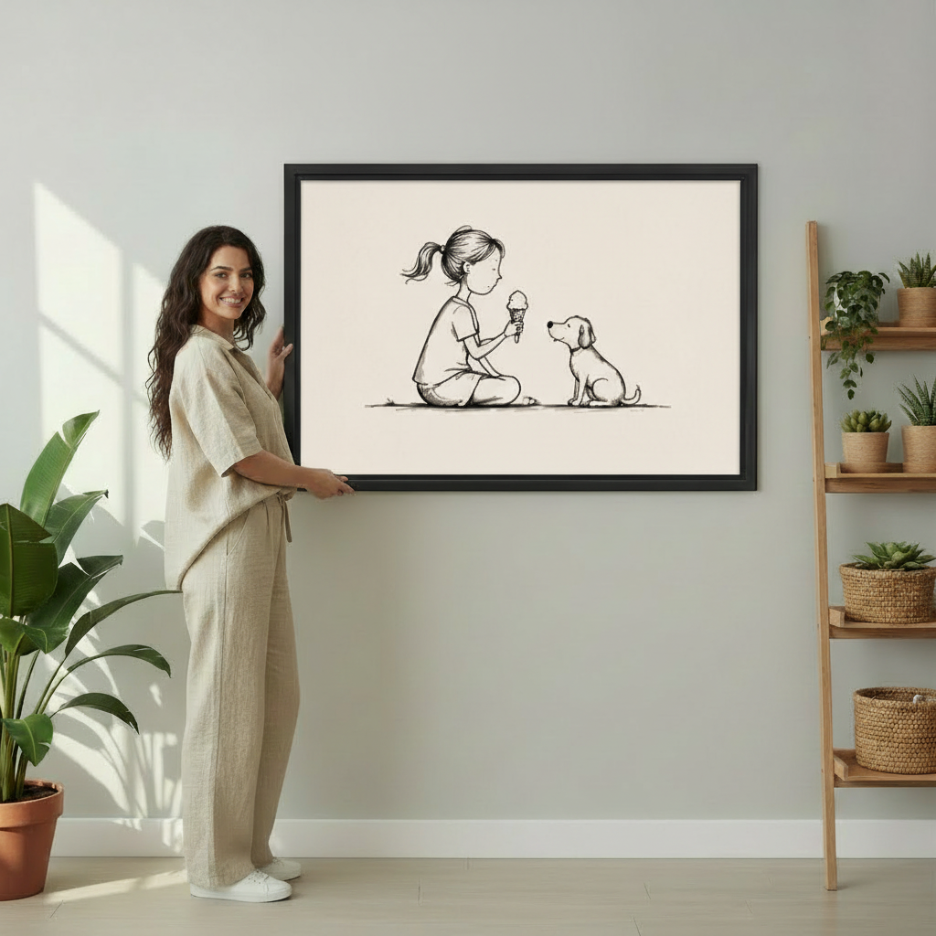 Woman holding large framed girl and dog ice cream minimalist line drawing wall art print in black frame showing actual print size in bright white studio with plant shelf