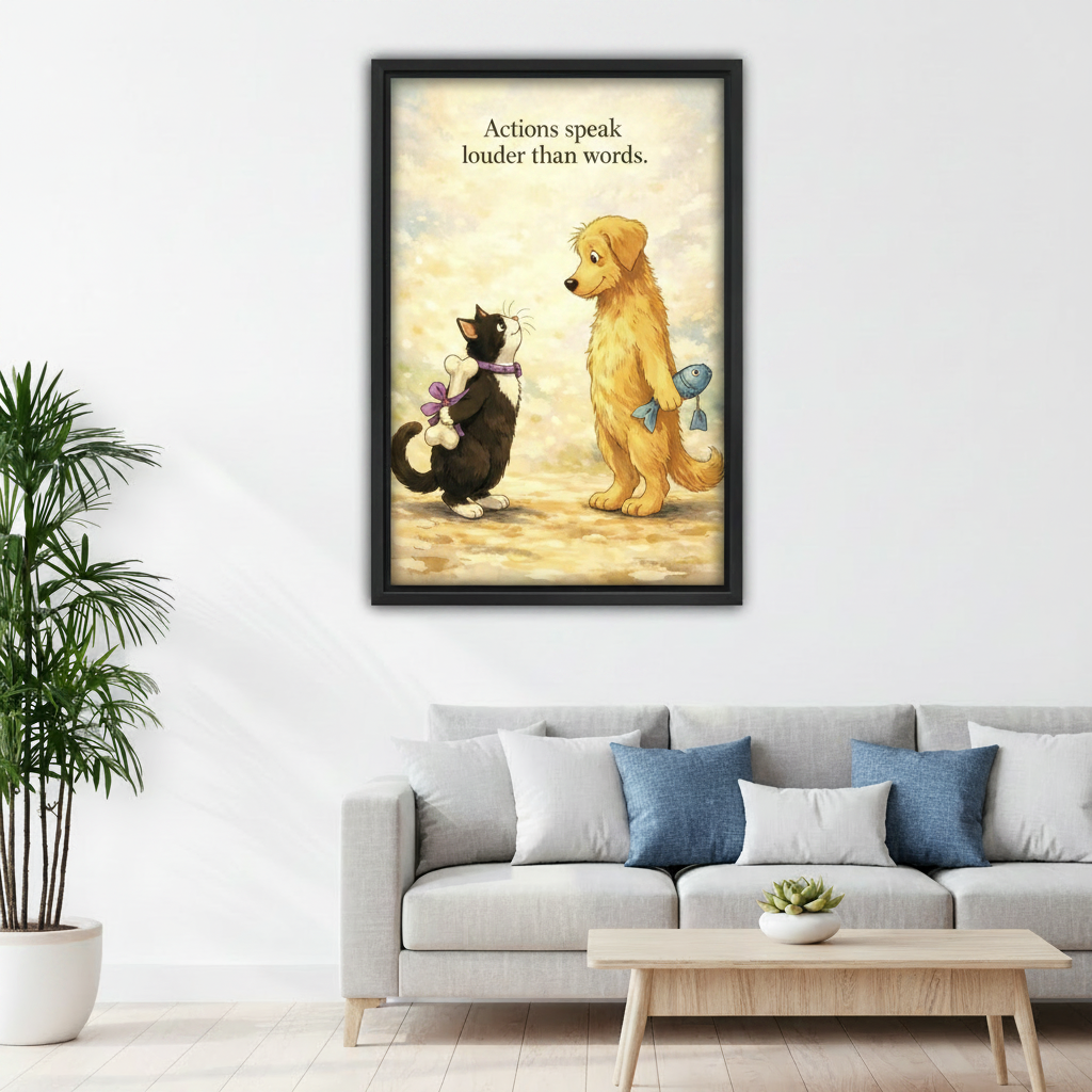 Cute cat and dog quote canvas wall art above sofa in bright playful living room