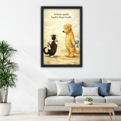 Cute cat and dog quote canvas wall art above sofa in bright playful living room