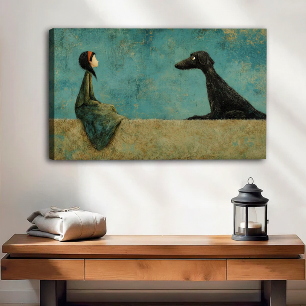 Storybook girl and dog wall art in black floating frame above entryway console