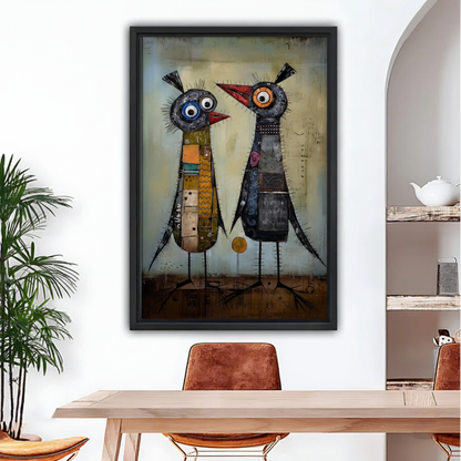 Quirky mixed media bird canvas wall art in black frame above dining table, eclectic outsider art print for modern home decor