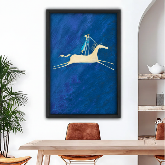 Blue romantic couple white horse fantasy framed canvas wall art in black frame above dining table
