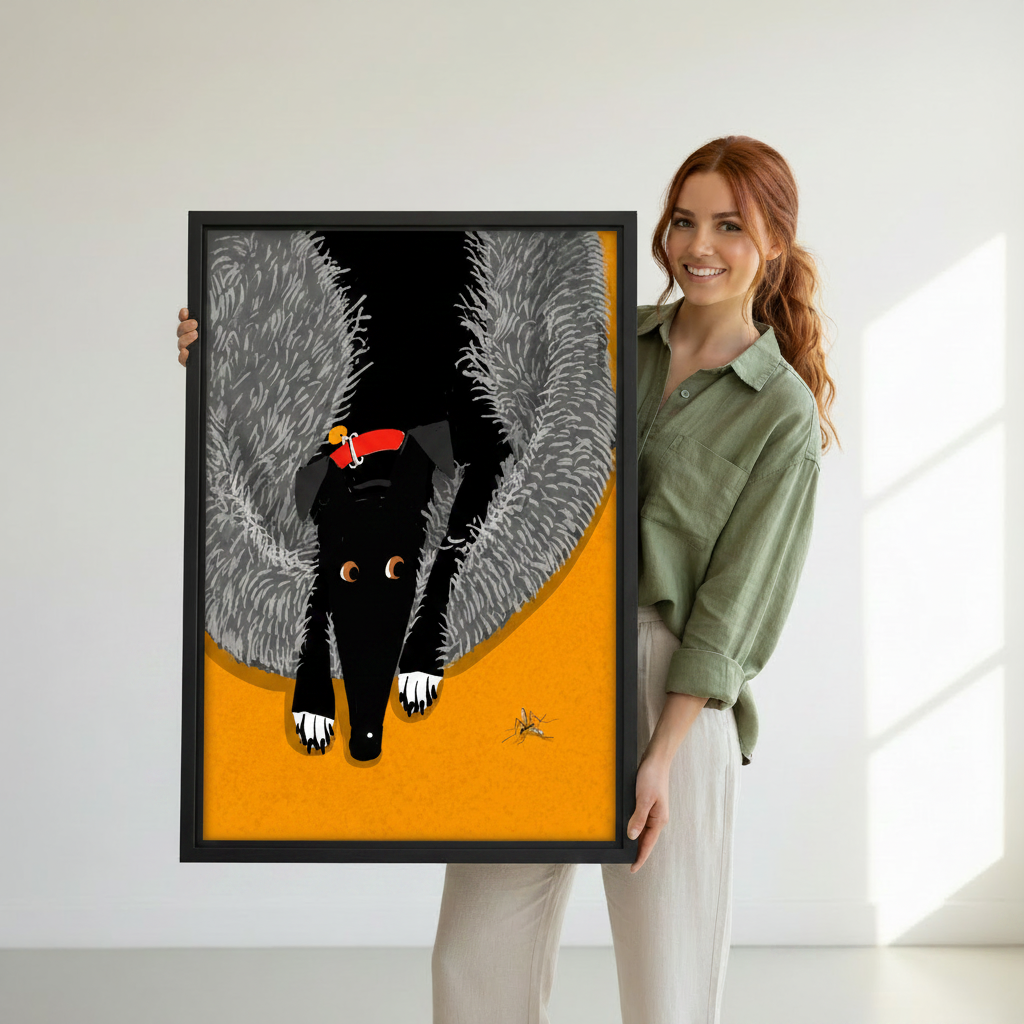 Woman holding funny black dog mosquito pop art framed print against white wall — humorous greyhound wall art lifestyle photo