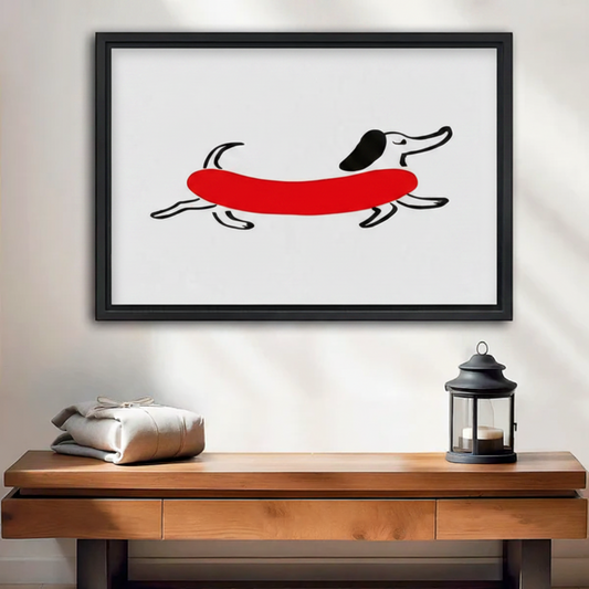 Minimalist Red Dachshund Framed Canvas Print - Modern Line Art Dog Wall Decor for Entryway