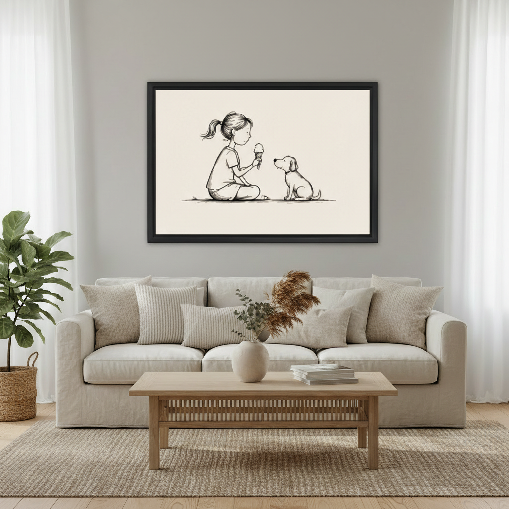 Cute girl offering ice cream cone to puppy minimalist line art wall art print in black frame above cream linen sofa with oak coffee table and pampas grass vase in Scandinavian living room