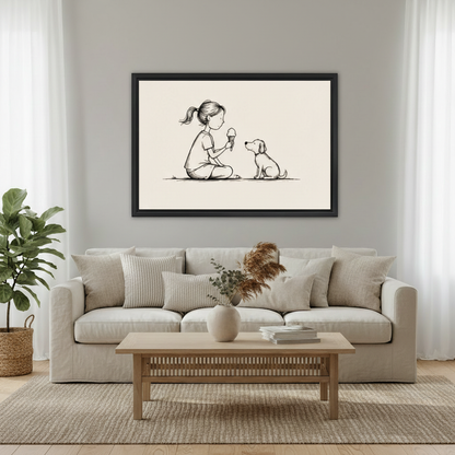 Cute girl offering ice cream cone to puppy minimalist line art wall art print in black frame above cream linen sofa with oak coffee table and pampas grass vase in Scandinavian living room