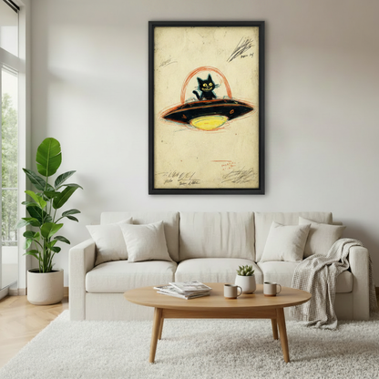 Framed black cat UFO wall art above beige sofa, smiling cat in flying saucer with retro sketch style on cream background, living room canvas decor for cat lovers