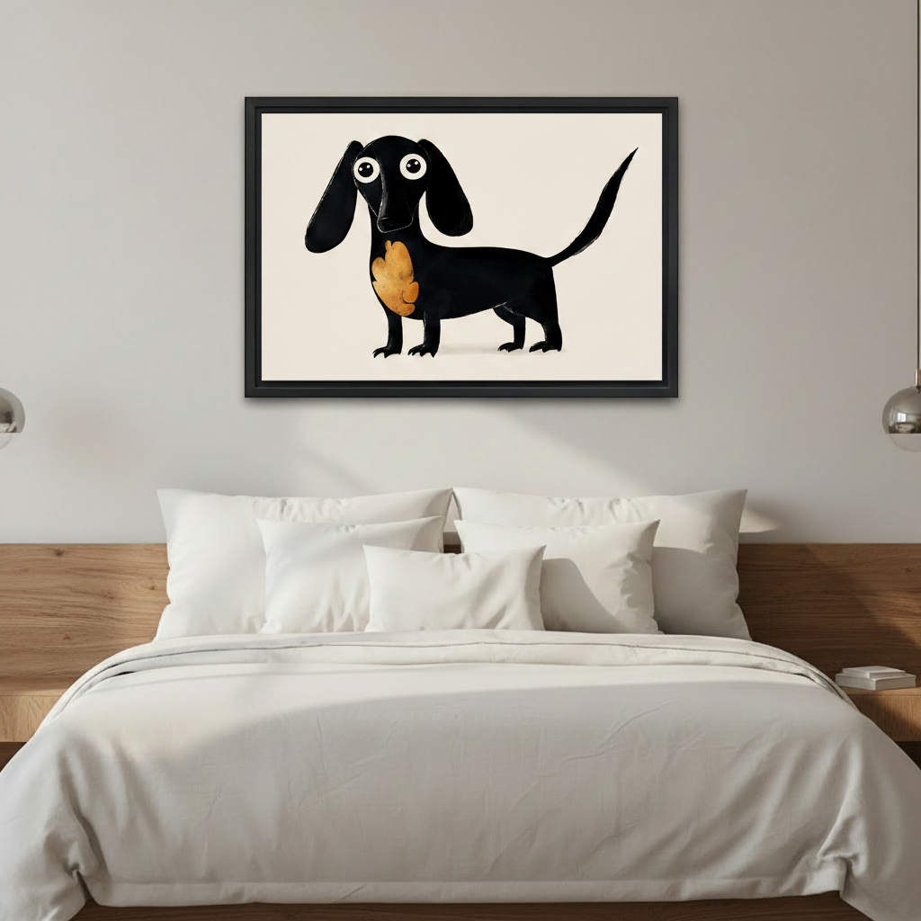 Whimsical black dachshund canvas print, woman holding large framed dog wall art, minimalist pet decor gift idea