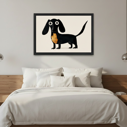 Whimsical black dachshund canvas print, woman holding large framed dog wall art, minimalist pet decor gift idea