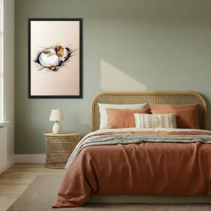 Sleeping dog sketch framed canvas print displayed above a bed in a cozy bedroom — delicate dog wall art for pet lovers