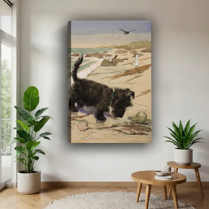 Gallery-wrapped frameless canvas of vintage Scottie dog on sandy beach — coastal wall art for dog lovers