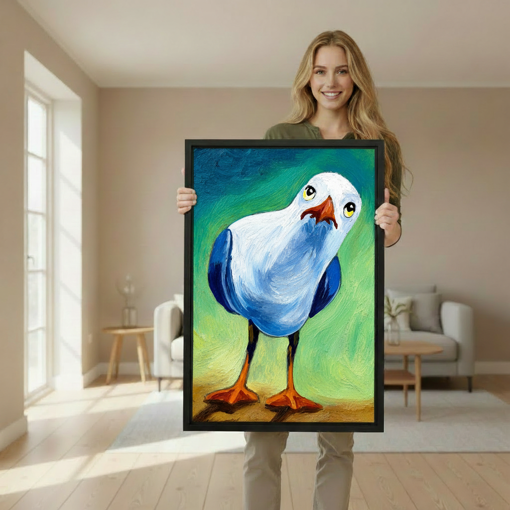 Woman holding funny seagull framed canvas wall art print in bright Scandinavian living room