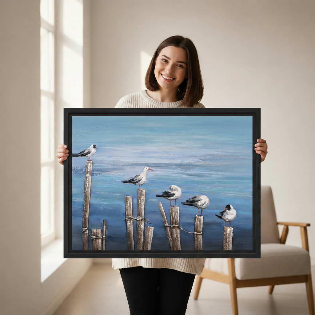 Hand-held seagulls on pier coastal oil painting canvas print, beach house wall art close-up detail shot