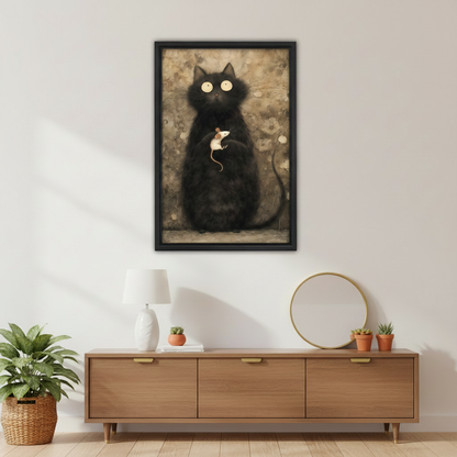 Dark whimsical black cat and mouse canvas print – unique framed art for living room or study