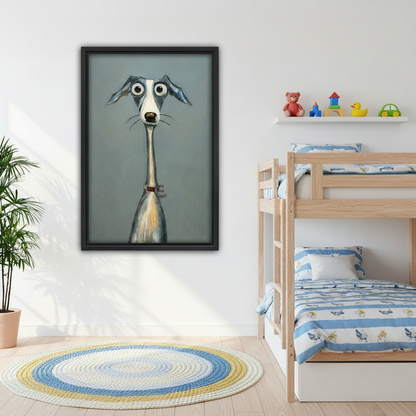 Funny whimsical greyhound dog pop art canvas wall art above grey sofa, black frame, quirky wide-eyed dog illustration on grey-blue background, modern living room decor