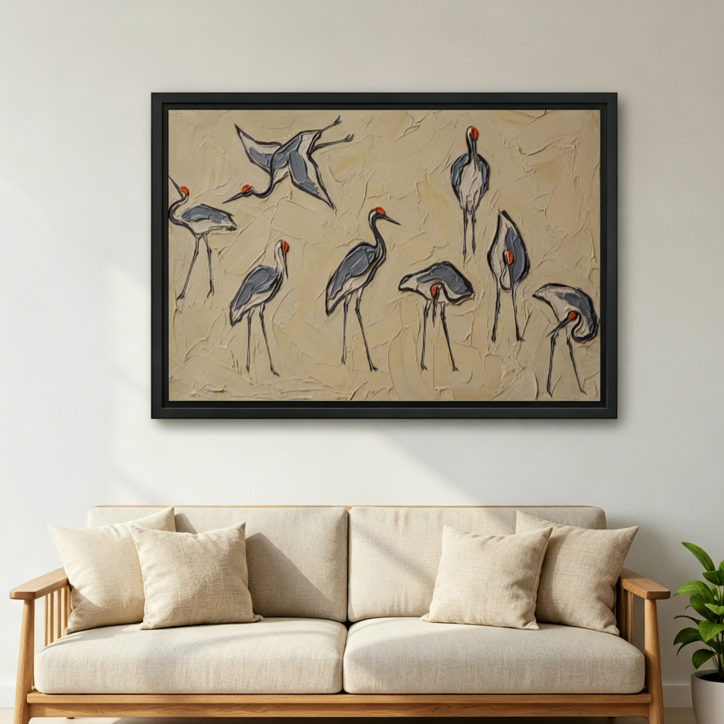 Textured crane wall art displayed above sofa in modern living room, red-crowned bird print, bold palette knife canvas decor
