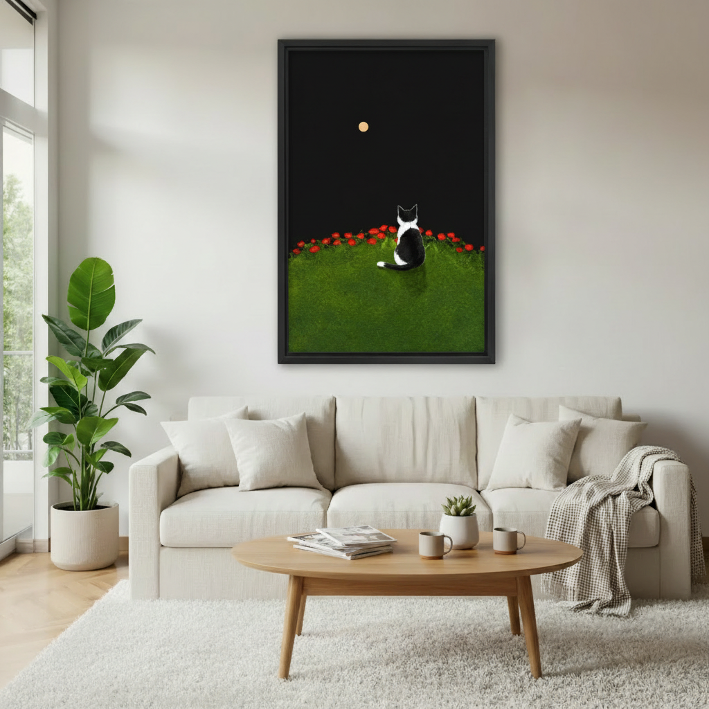 Black cat under golden moon rose garden framed wall art – black frame, minimalist dark aesthetic, hung in cozy boho bedroom with rattan headboard and warm lighting