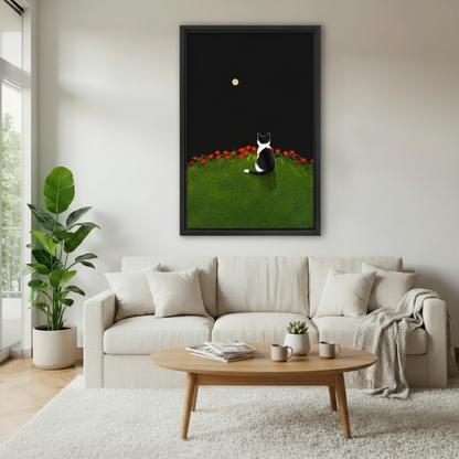 Black cat under golden moon rose garden framed wall art – black frame, minimalist dark aesthetic, hung in cozy boho bedroom with rattan headboard and warm lighting