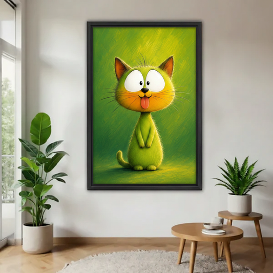 Funny green cat framed canvas wall art hanging in minimalist living room with plants
