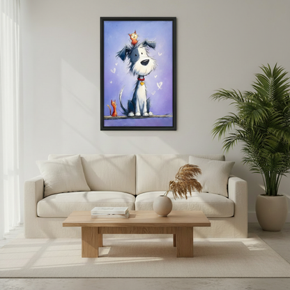 Dog cat cartoon canvas wall art with heart details, cute whimsical pet print for living room decor