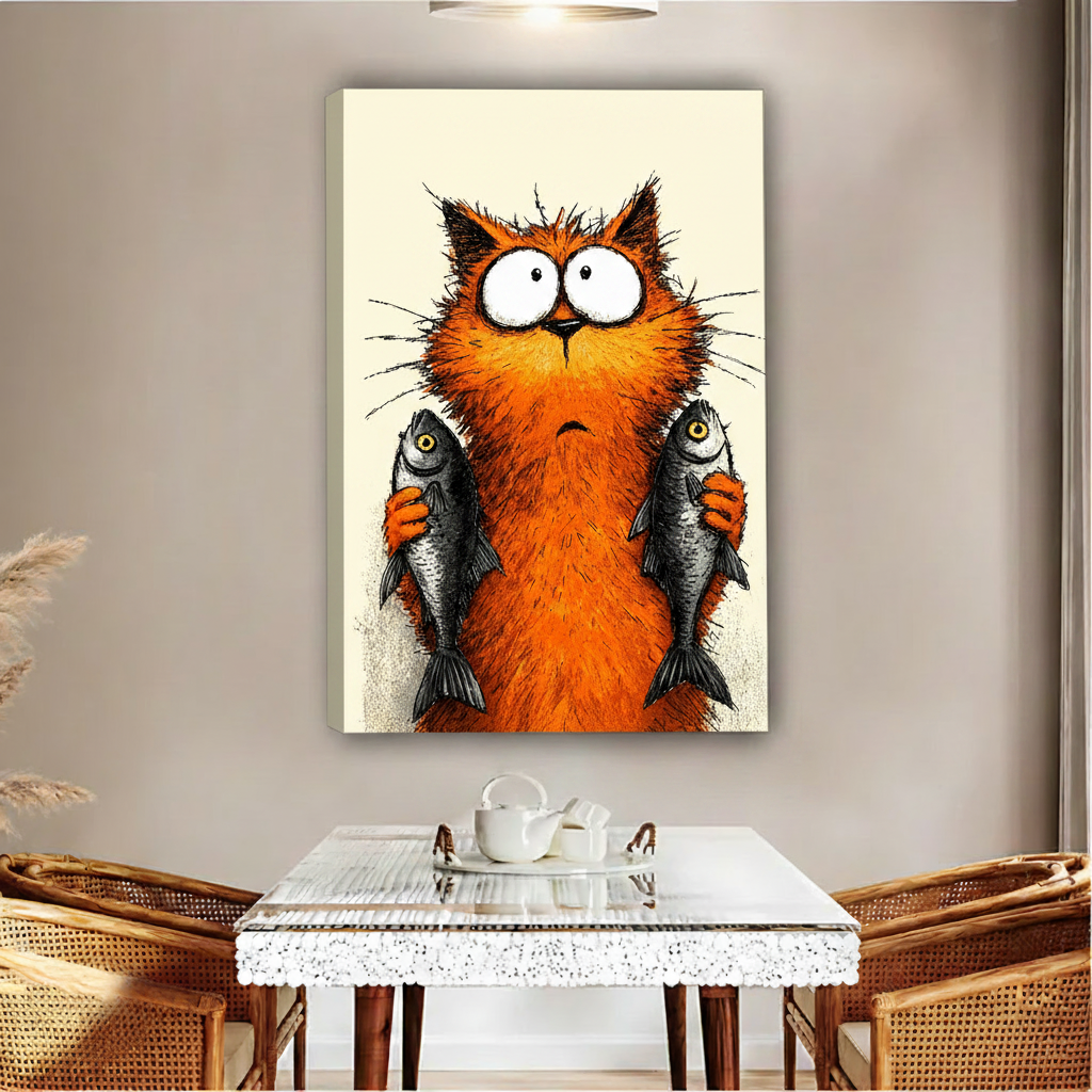 Whimsical orange cat canvas print, funny cat holding fish illustration wall art