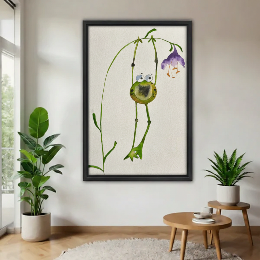 White cat on roller skates "Just Skatin' By To Say Hi" framed wall art print, black frame, teal retro background, displayed in a bright minimalist living room with indoor plants