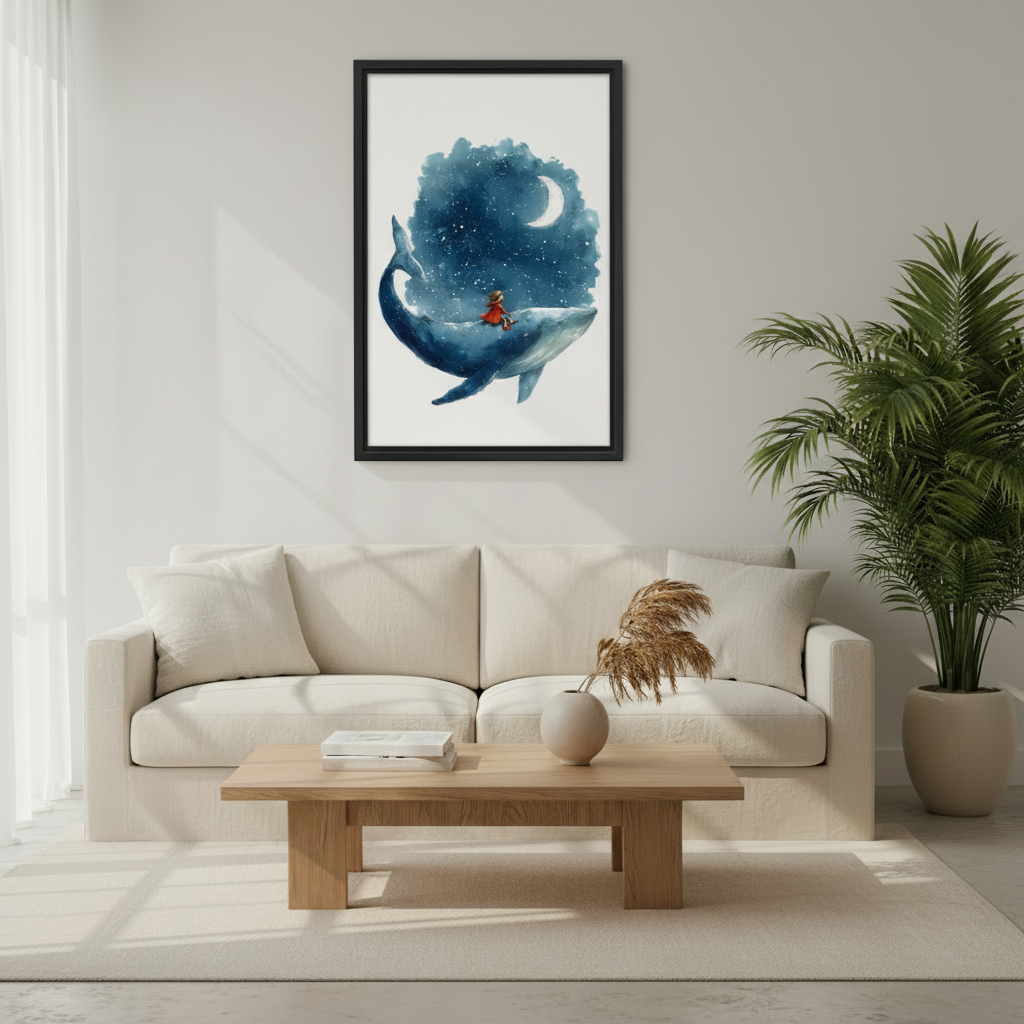 Dreamy Whale Galaxy Girl Watercolor Wall Art Print l1985