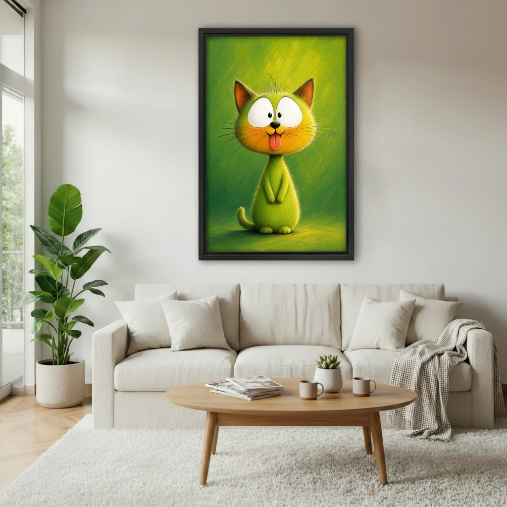 Colorful funny cat framed wall art above beige sofa in bright modern living room