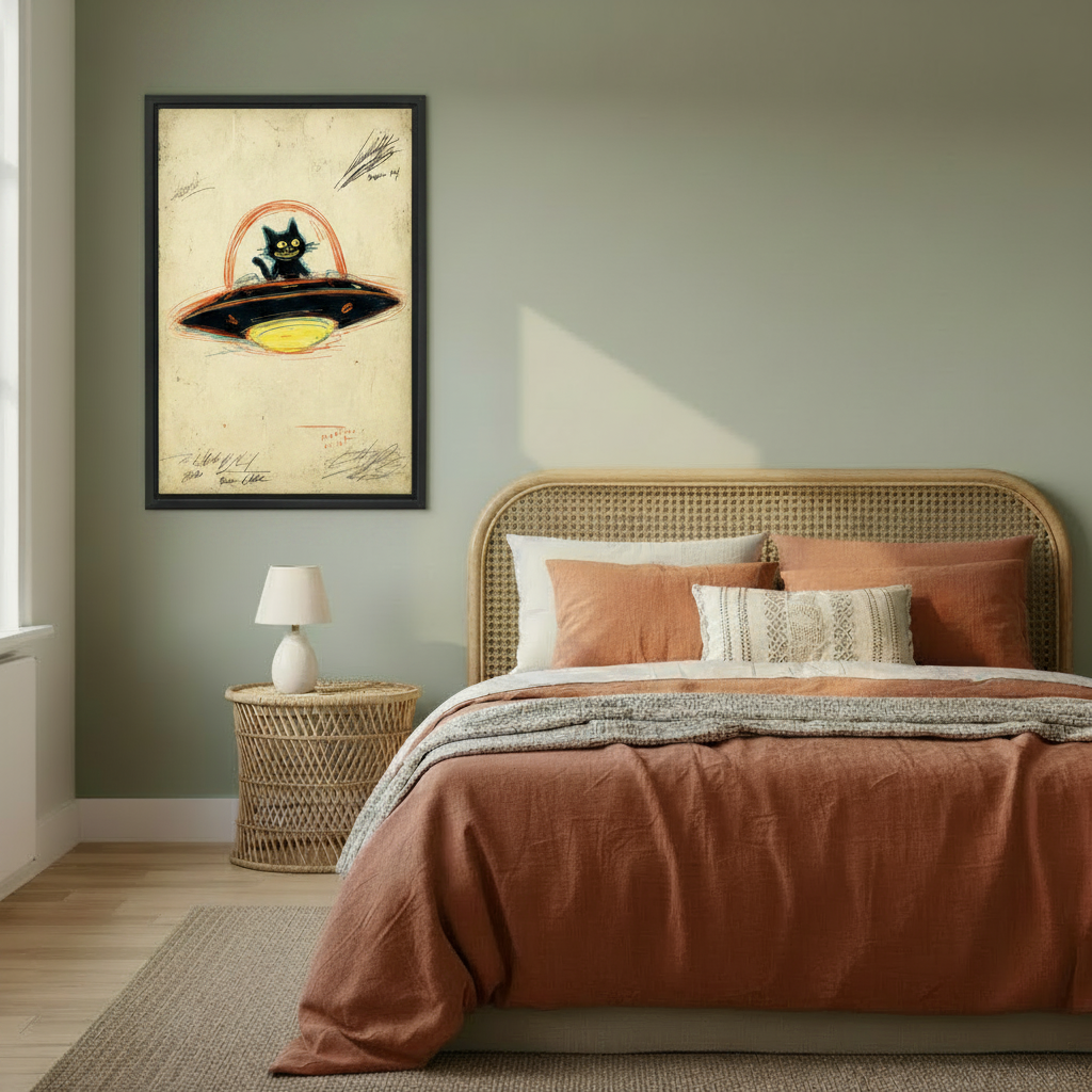 Funny black cat UFO wall art for bedroom, grinning cat piloting flying saucer in vintage crayon sketch style, black framed canvas print for boho bedroom decor


