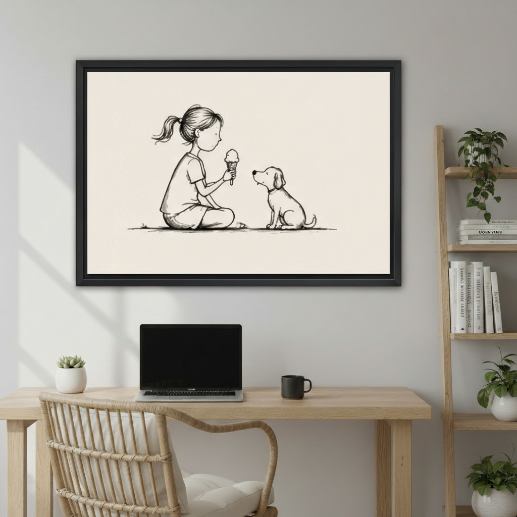 Charming girl and dog ice cream cone minimalist sketch wall art print in black frame above oak desk with laptop succulent and book shelf in minimalist home office