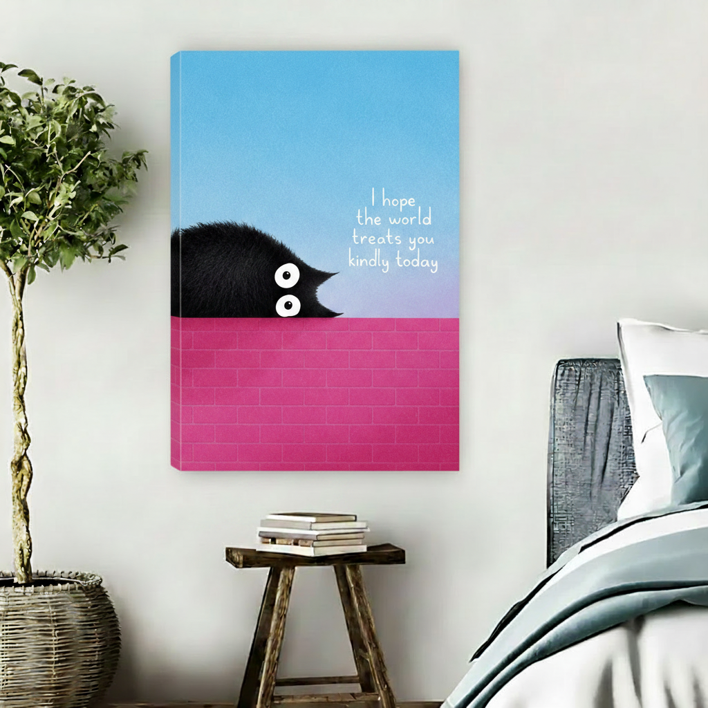 Funny black cat canvas art no frame, pink wall blue sky, bedroom wall decor