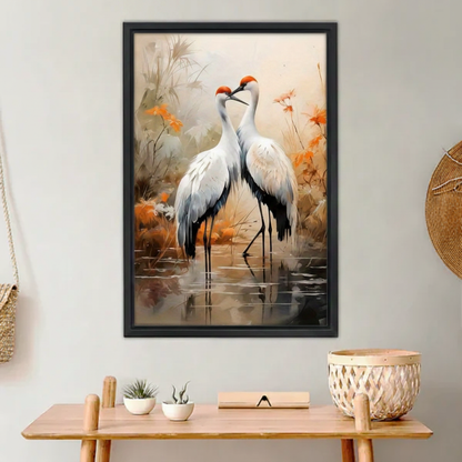 Japanese Crane Pair Watercolor Canvas Wall Art - Elegant Framed Bird Print for Home Decor
