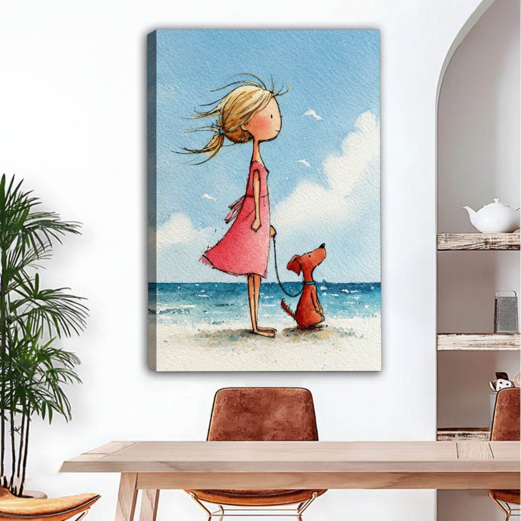 Girl with dog at beach watercolor gallery wrap canvas art, frameless soft coastal illustration for living room decor