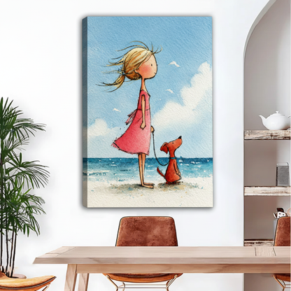 Girl with dog at beach watercolor gallery wrap canvas art, frameless soft coastal illustration for living room decor