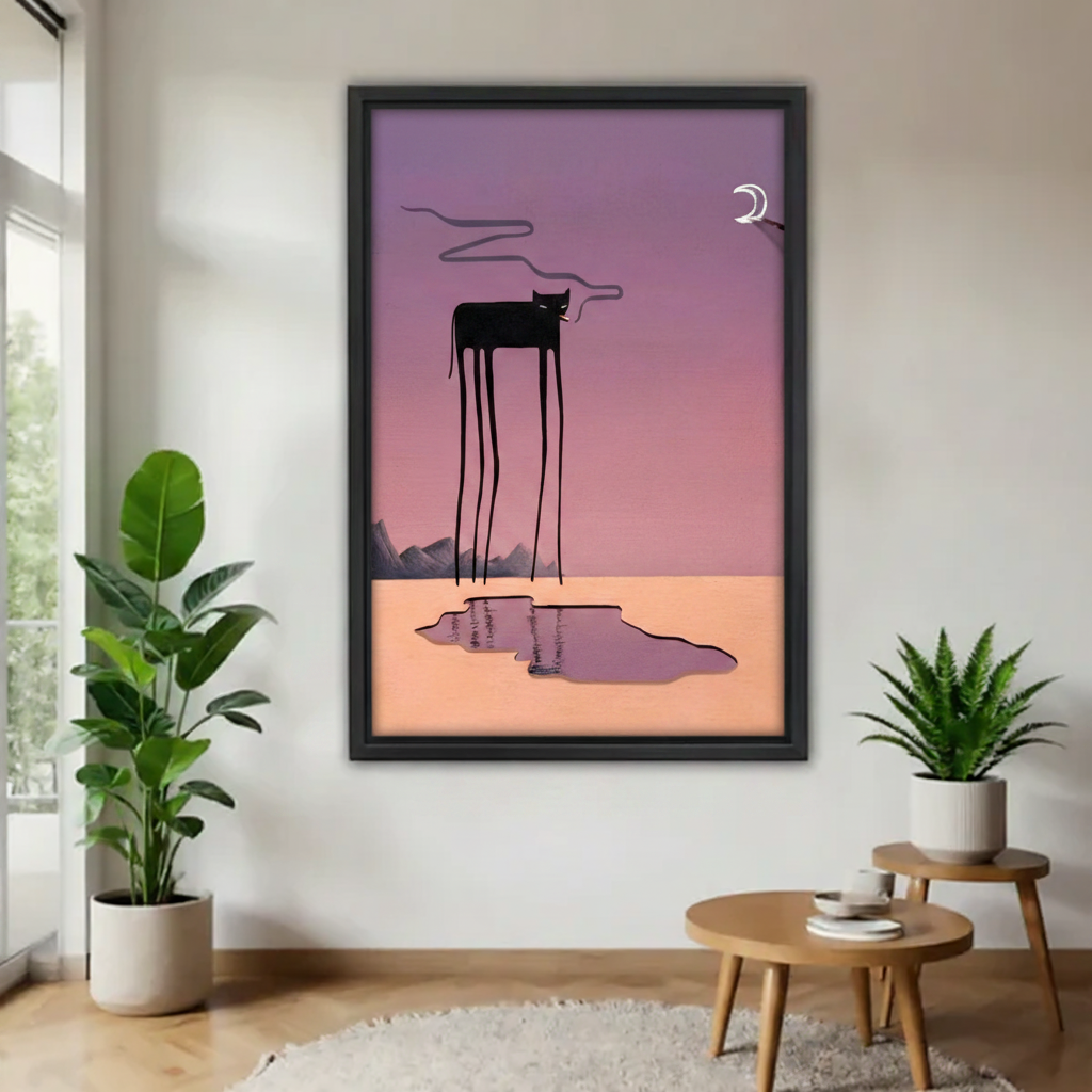 Surreal long-legged black cat standing under crescent moon on purple sunset canvas wall art print — moody illustrated cat decor