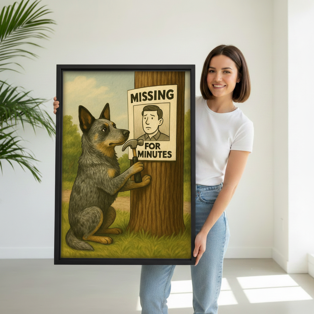 Woman holding funny dog missing poster framed canvas wall art print in minimal white room