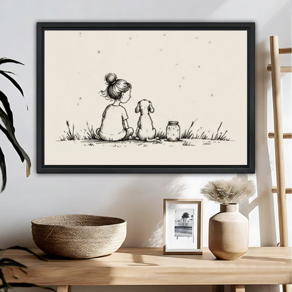 Minimalist girl and dog sitting in grass with firefly jar line drawing wall art print in black frame above wooden console table with woven bowl and ceramic vase in Scandinavian entryway