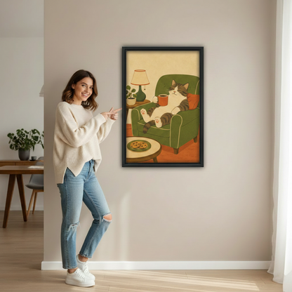 Retro cat canvas print — lazy cat with coffee cup and cookies, cozy home wall art illustration