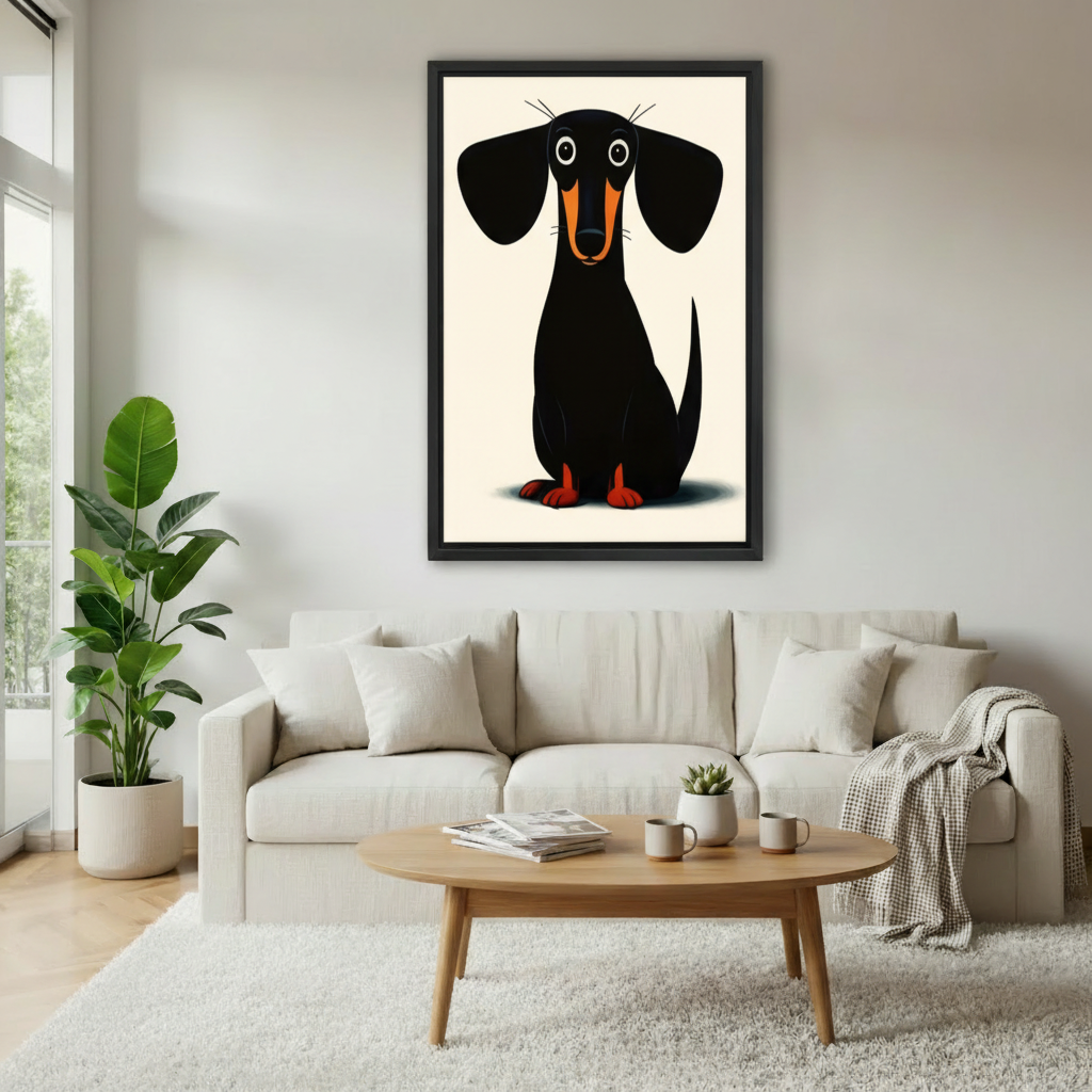Cute minimalist dachshund framed canvas wall art print in minimalist living room, adorable wiener dog illustration on cream background