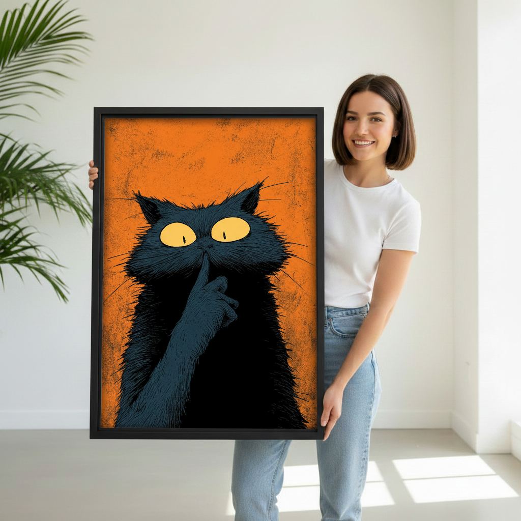 Woman holding funny shushing black cat framed canvas wall art, black frame, bold yellow-eyed cat on orange background, minimalist white room display