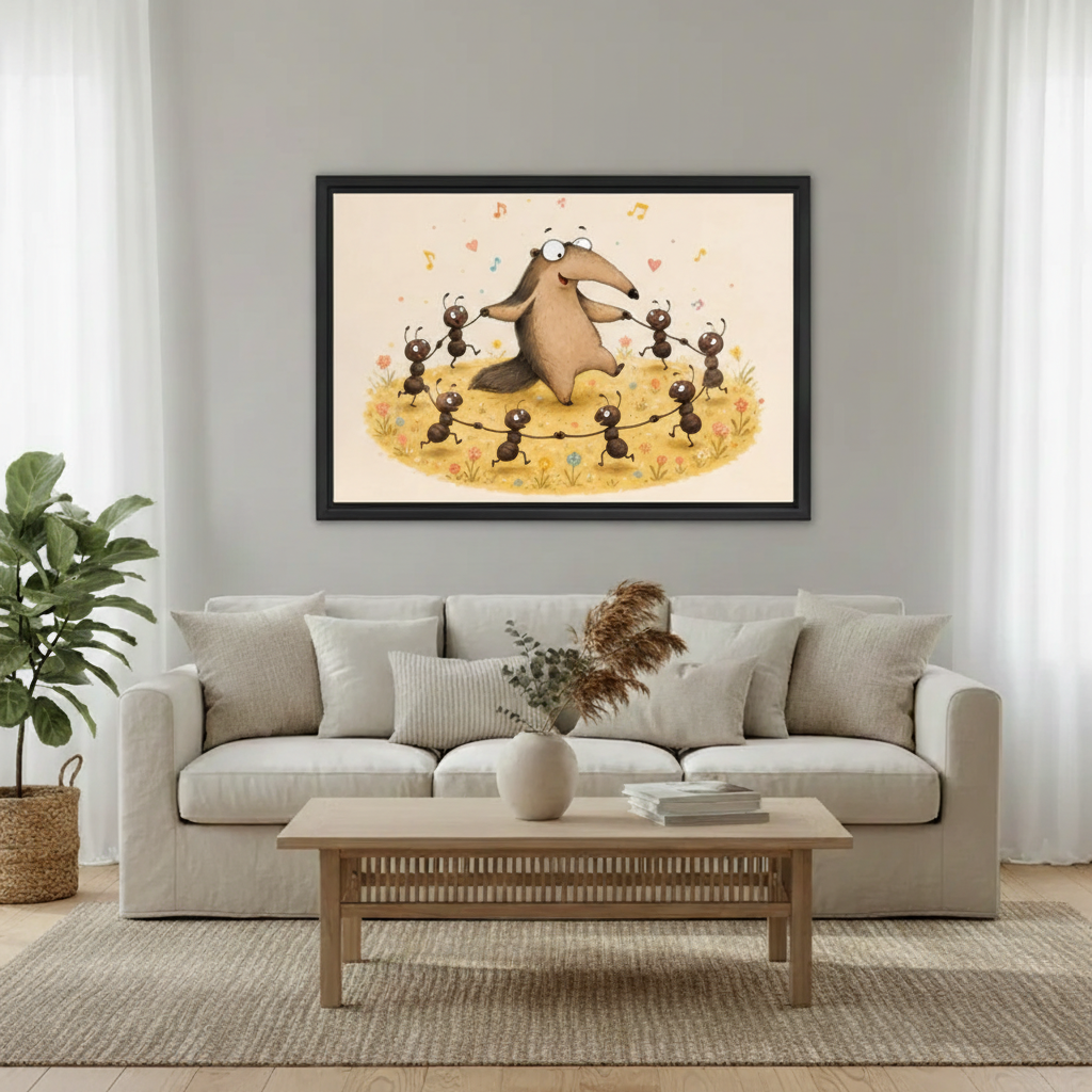 Funny animal wall art for kids room, anteater and ants storybook style canvas print